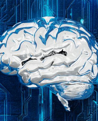 Ilustração digital de um cérebro metálico prateado com reflexos azulados, flutuando sobre um fundo que lembra circuitos eletrônicos em tons de azul. A imagem transmite a ideia de conexão entre tecnologia e inteligência humana, simbolizando inteligência artificial ou interface cérebro-máquina.