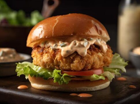 Sanduíche de frango com salada e molho