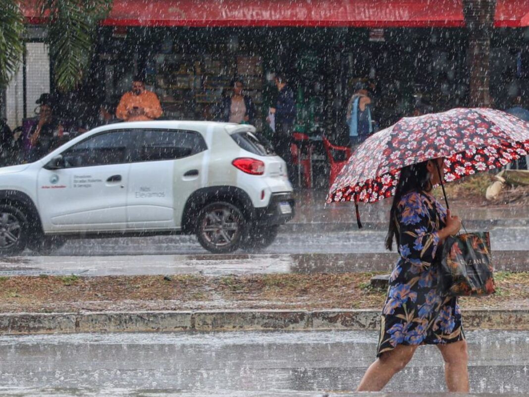 Mulher andando na chuva com guarda-chuva