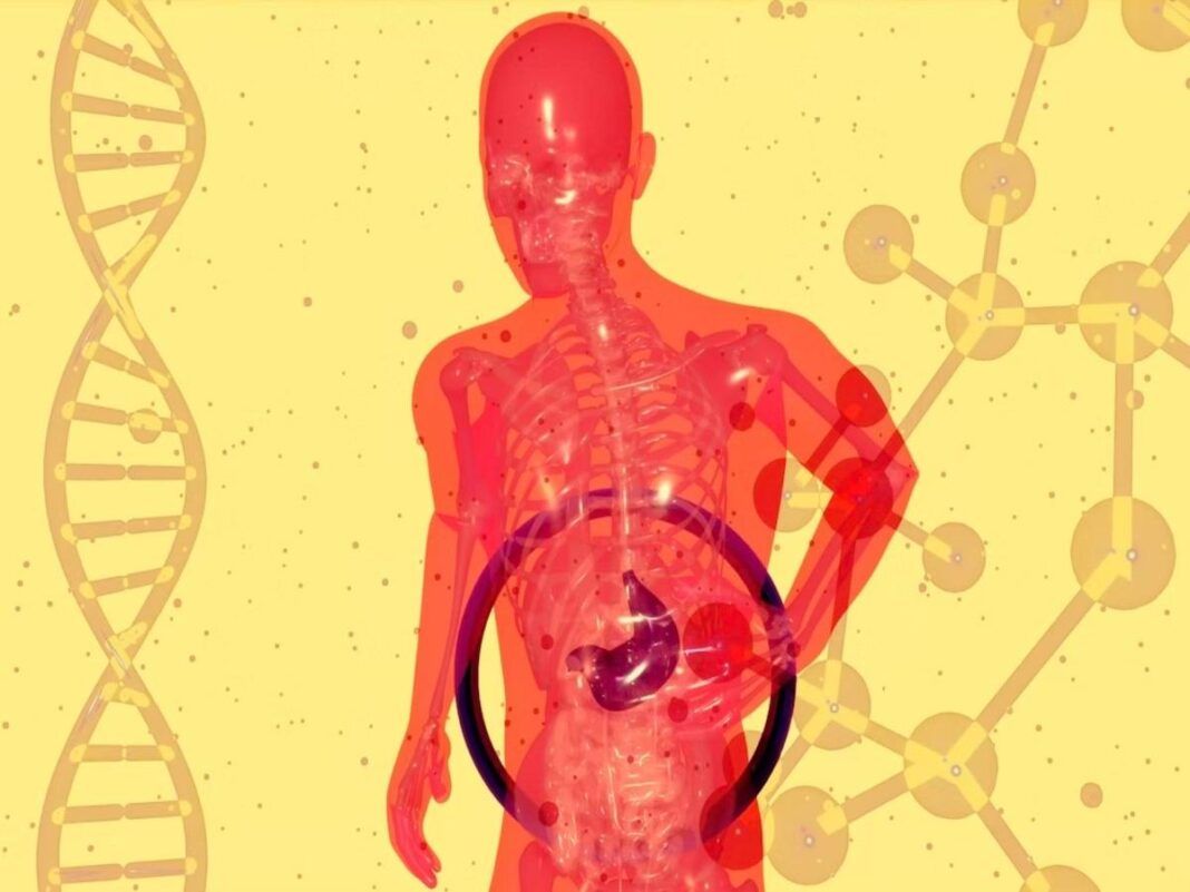 Imagem colorida de ilustração de pessoa com dor no fígado