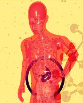 Imagem colorida de ilustração de pessoa com dor no fígado