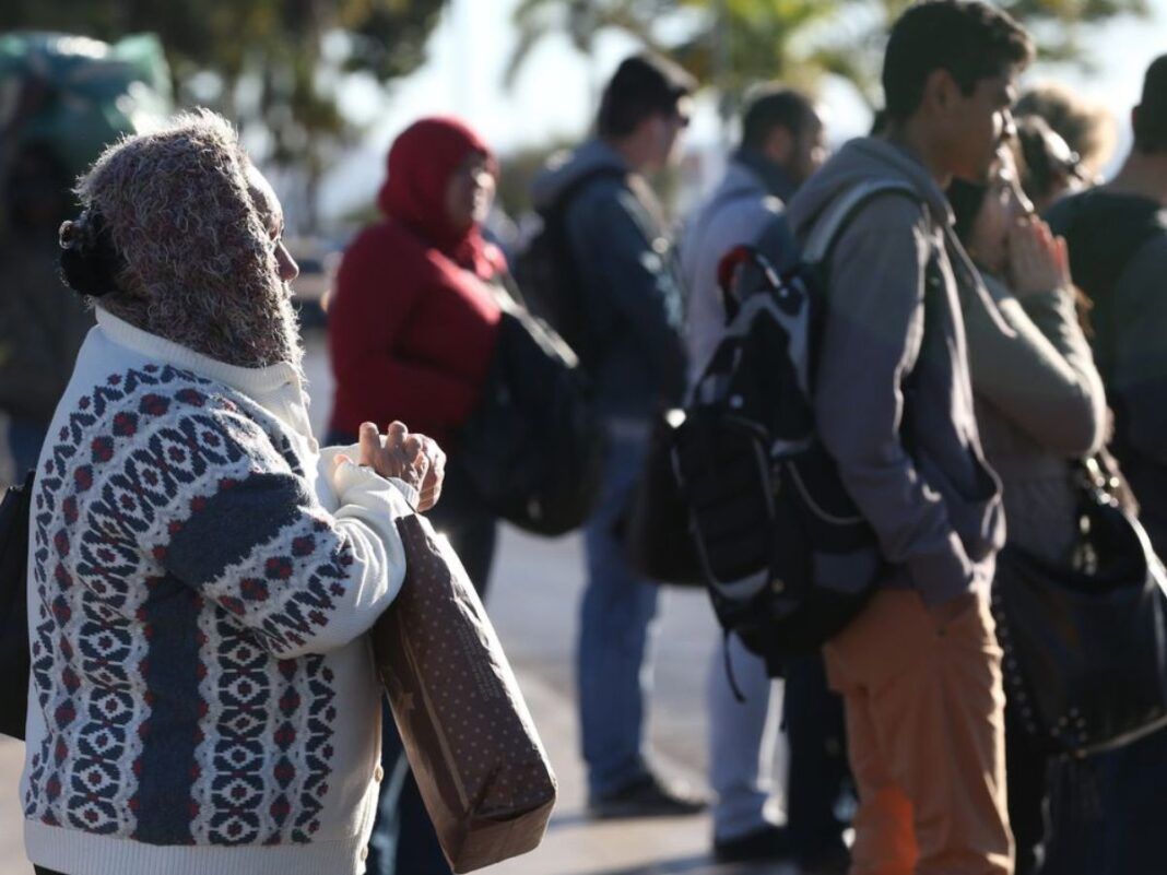 Pessoas agasalhadas na frente fria