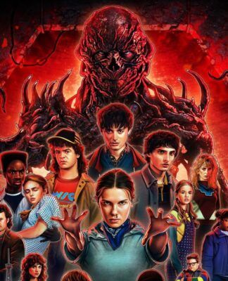A imagem conta com um monstro vermelho no centro e abaixo estão distribuídos homens e mulheres, alguns seguram armas e outros apenas olham para frente.