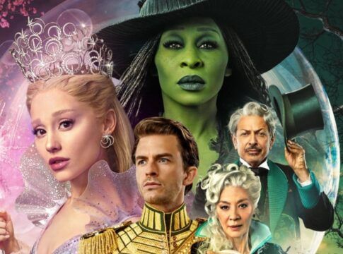Imagem com os personagens principais do filme Wicked: Glinda, Fiyero, Mágico de Oz, Elfaba e Madame morrible