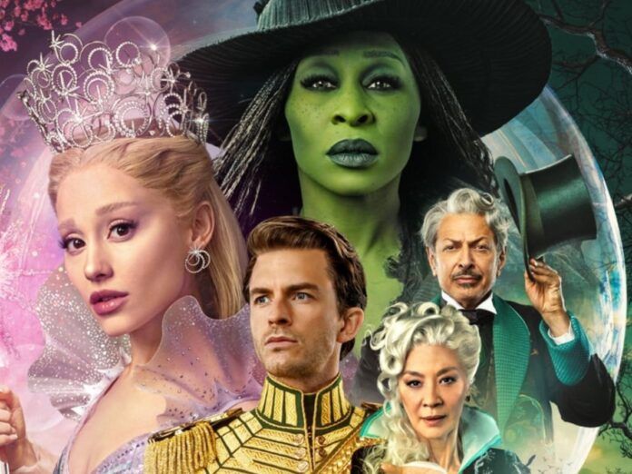 Imagem com os personagens principais do filme Wicked: Glinda, Fiyero, Mágico de Oz, Elfaba e Madame morrible