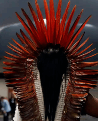 Pessoa indígena vista de costas, usando grande cocar de penas vermelhas e pulseira colorida, ergue o punho direito em gesto de resistência dentro de um salão moderno onde outras pessoas conversam ao fundo.