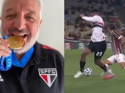 Montagem lado a lado: À esquerda, Carlos Belmonte com a camisa do São Paulo e mordendo uma medalha de ouro; à direita, o atleta Alan Franco (São Paulo) errando um passe na frente do atleta Canobbio (Fluminense)