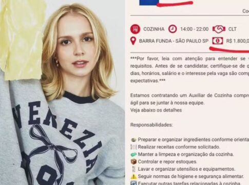 Imagem dividida pela metade: de um lado, uma foto de Isa Scherer segurando ingredientes de cozinha, e do outro, a postagem que descreve a vaga de emprego