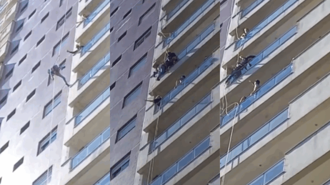 Trabalhador que fazia manutenção na fachada de um edifício desmaia e fica pendurado pela corda