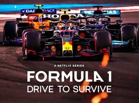 Capa da série Drive to Survive, com carros de F-1 ao fundo