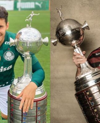 Em uma foto, Raphael Veiga, do Palmeiras, posa ao lado de duas taças da Libertadores, na outra, Arrascaeta, do Flamengo, segura o troféu da competição
