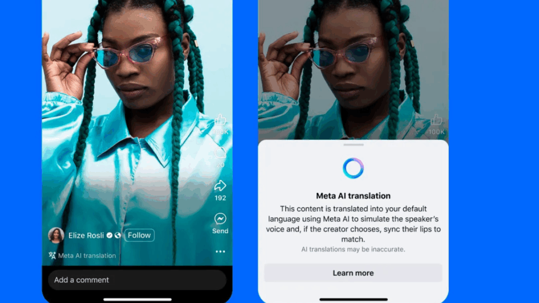 Interface do aplicativo da Meta exibindo vídeo de uma mulher com tranças verdes e óculos rosados, vestindo camisa azul brilhante. Ao lado, aparece mensagem sobre a função “Meta AI translation”, que explica o uso de inteligência artificial para traduzir e sincronizar voz e lábios em vídeos.