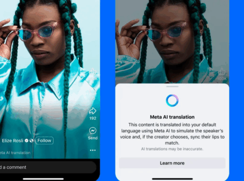 Interface do aplicativo da Meta exibindo vídeo de uma mulher com tranças verdes e óculos rosados, vestindo camisa azul brilhante. Ao lado, aparece mensagem sobre a função “Meta AI translation”, que explica o uso de inteligência artificial para traduzir e sincronizar voz e lábios em vídeos.