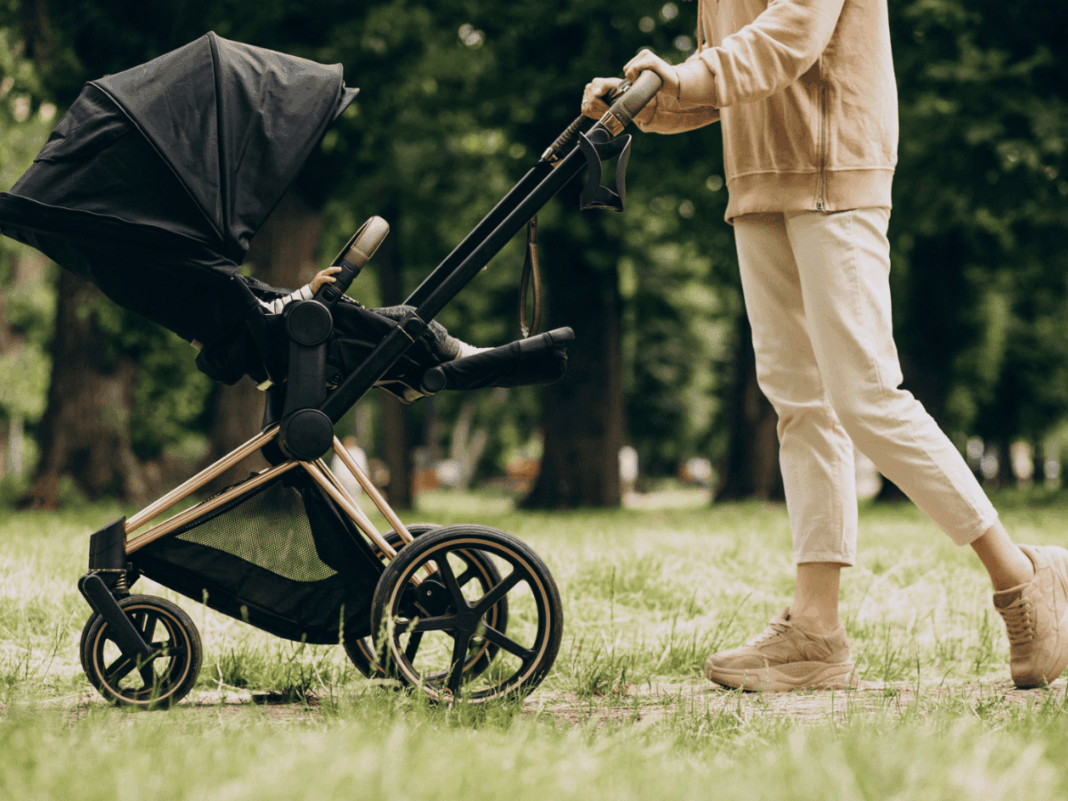Mulher levando carrinho de bebê