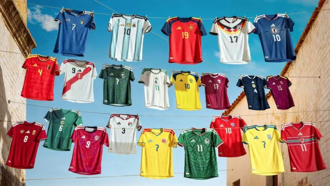 camisas das seleçoes oenturadas em um varal