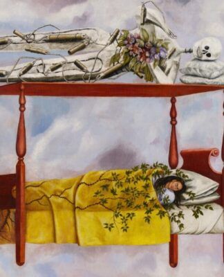 Quadro de uma mulher deitada na cama com um esqueleto na parte de cima