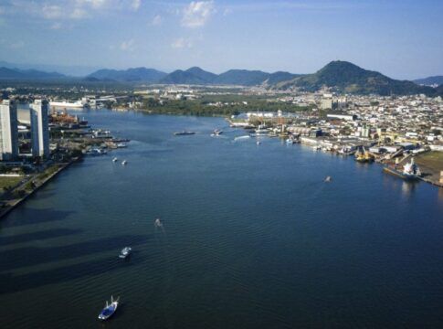Esta é uma fotografia panorâmica, tirada de um ponto alto sob forte luz do dia, mostrando uma paisagem urbana, portuária e natural, dividindo as cidades de Santos e Guarujá.
