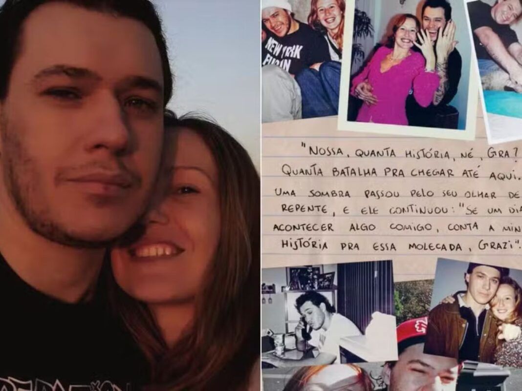 Imagem com fotos do Chorão e sua viúva, Graziela