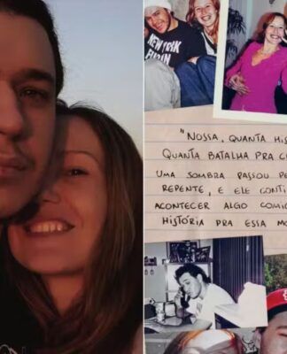 Imagem com fotos do Chorão e sua viúva, Graziela