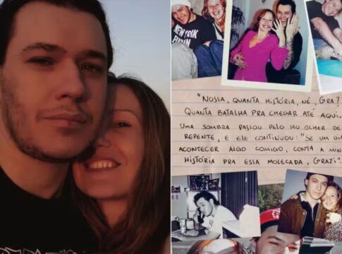 Imagem com fotos do Chorão e sua viúva, Graziela