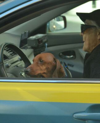 Em imagem ilustrativa, idoso dirige carro com seu cachorro no colo