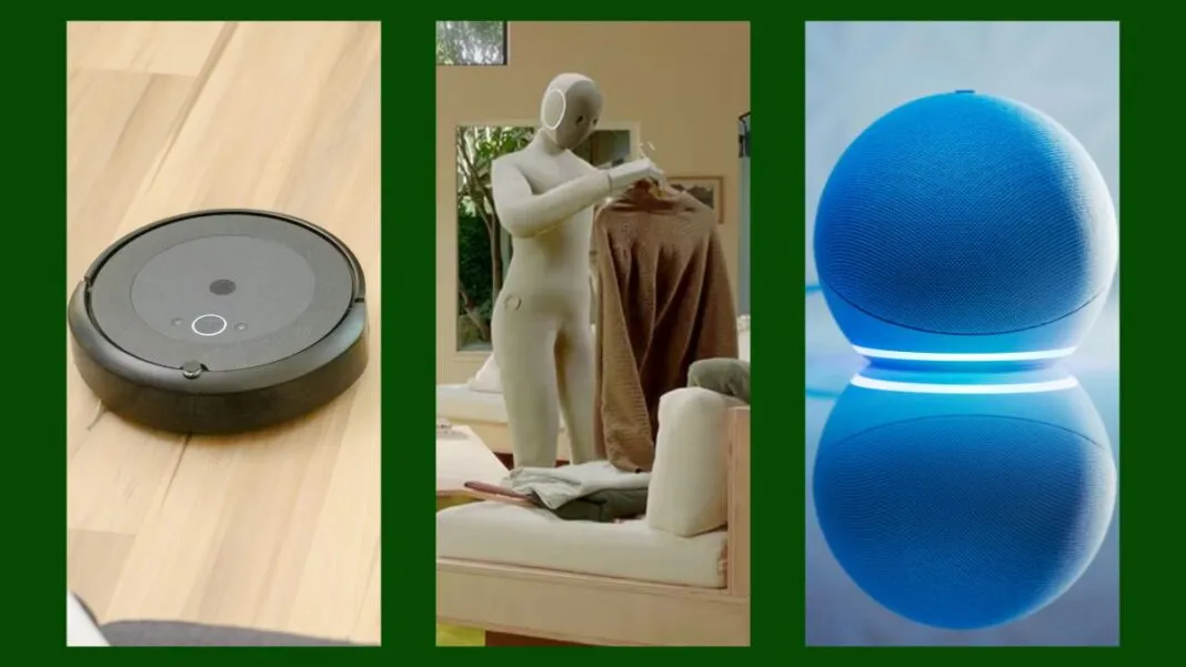 Imagem mostra uma sequência de fotografias: a primeira é um aspirador robô; a segunda é um robô humanoide doméstico; e a segunda é uma assistente virtual Alexa.