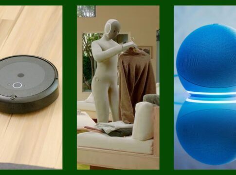 Imagem mostra uma sequência de fotografias: a primeira é um aspirador robô; a segunda é um robô humanoide doméstico; e a segunda é uma assistente virtual Alexa.