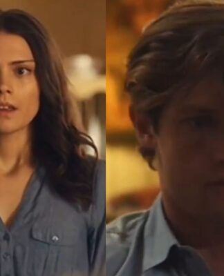 A foto está dividida em dois, do lado esquerdo tem uma mulher usando um vestido azul e do lado direito há um homem loiro usando camisa.