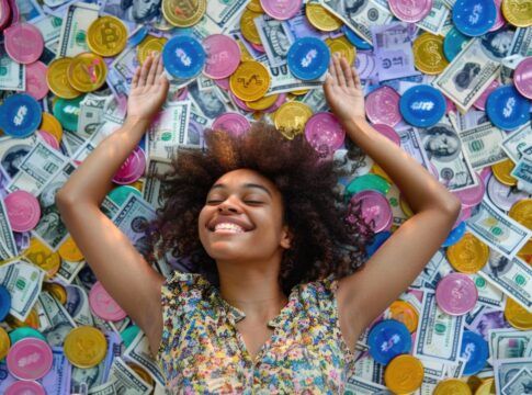 Em imagem ilustrativa, mulher está jogada e feliz em cima de montanhas de dinheiro e símbolos de moedas coloridas.