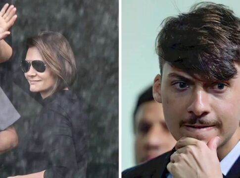 montagem com fotos de Michelle Bolsonaro e Jair Renan