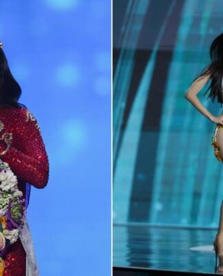 Imagem mostra uma montagem com duas misses. À esquerda, aparece a Miss México, Fátima Bosch, eleita Miss Universo. À direita, a miss brasileira 2025, Gabriela Lacerda.