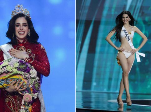 Imagem mostra uma montagem com duas misses. À esquerda, aparece a Miss México, Fátima Bosch, eleita Miss Universo. À direita, a miss brasileira 2025, Gabriela Lacerda.