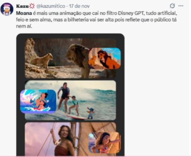 Tweet de internauta questionando o cenário artificial de "Moana