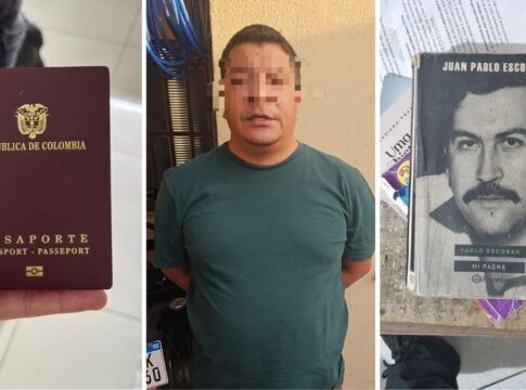 Imagem mostra a montagem de três painéis com um passaporte colombiano, um homem preso com blur no rosto e um livro sobre Pablo Escobar.