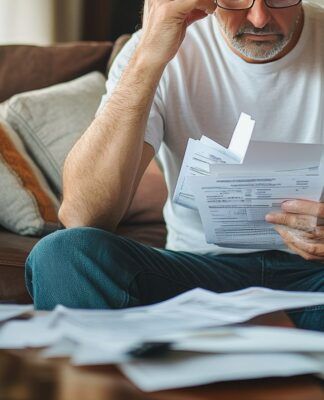 Em imagem ilustrativa, homem faz análise de suas dívidas