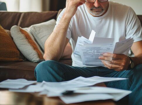 Em imagem ilustrativa, homem faz análise de suas dívidas