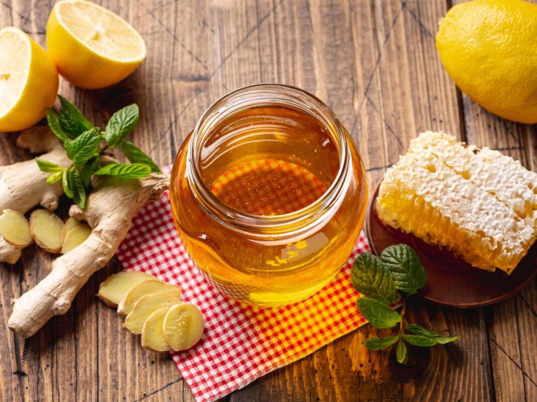 Em imagem ilustrativa, uma mesa leva vinagre de maça, gengibre e mel