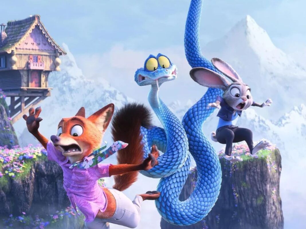 Na foto há uma cena de animação em que tem um coelho, uma raposa e uma cobra pulando de um penhasco.
