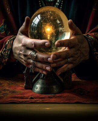 vidente/cartomante com bola de cristal nas mãos