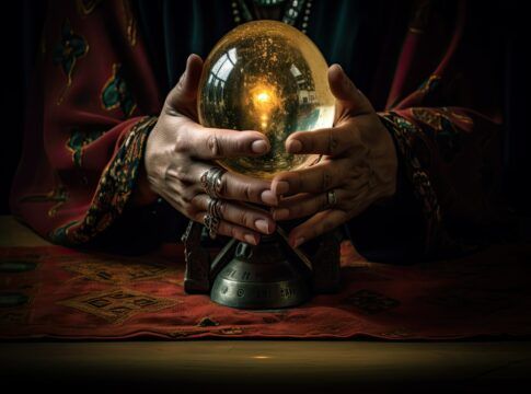 vidente/cartomante com bola de cristal nas mãos