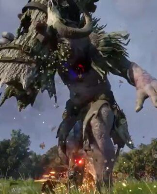 Tela do jogo Ashes of Creation, onde um personagem enfrenta um monstro gigante num campo aberto