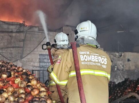 Bombeiros controlam mangueira com jato de água direcionado para o fogo enquanto cebolas aparecem queimadas no primeiro plano