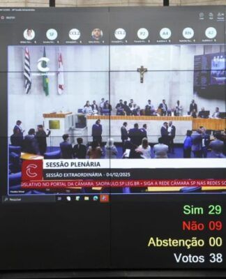 Foto do placar da votação do projeto na Câmara dos Vereadores, com o placar da votação e os vereadores debatendo o tema