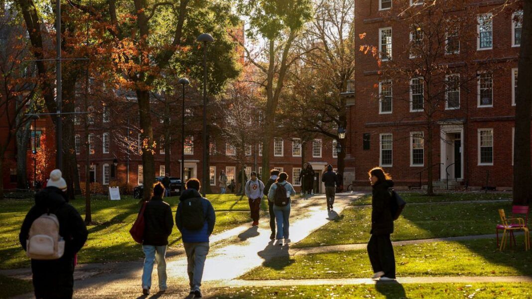 Alunos caminham no campus de Harvard