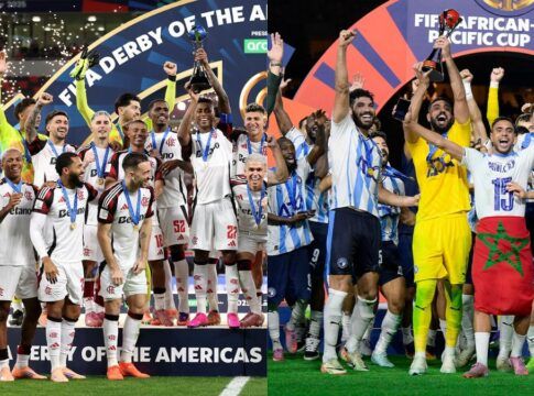 Montagem lado a lado com os elencos de Flamengo e Pyramids levantando as taças do Dérbi das Américas e da Copa África-Ásia-Pacífico