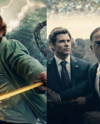 A imagem é dividida em duas partes: à esquerda, três jovens em um cenário fantástico, armados e preparados para enfrentar uma ameaça sobrenatural no mar tempestuoso. À direita, três adultos em trajes formais parecem reagir a uma situação tensa em meio a uma multidão, transmitindo urgência e preocupação.