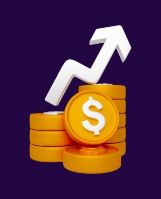 imagem ilustrativa de moeda laranja com seta para cima.