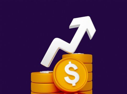 imagem ilustrativa de moeda laranja com seta para cima.