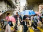 Em imagem ilustrativas, pessoas andam de guarda-chuva em tempo de chuva na rua