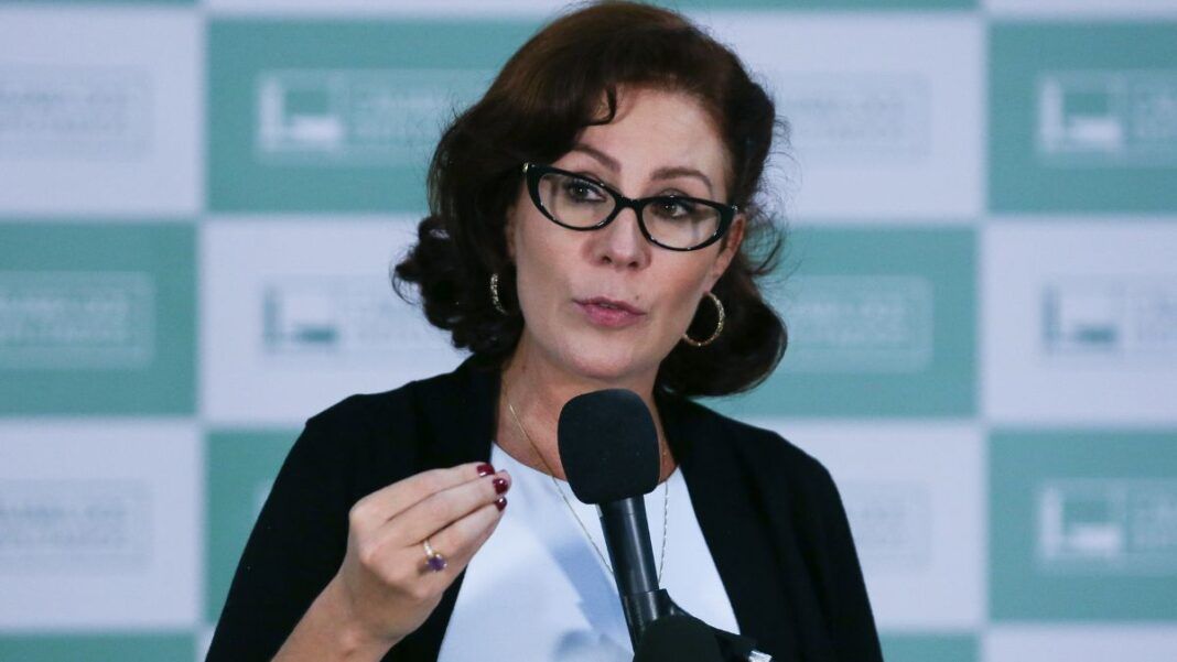 A deputada Carla Zambelli fala ao microfone e gesticula em evento no Congresso